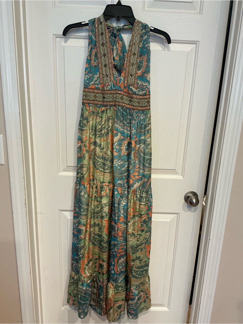 Boho Tie-Neck Maxi Dress in Teal and Coral Paisley